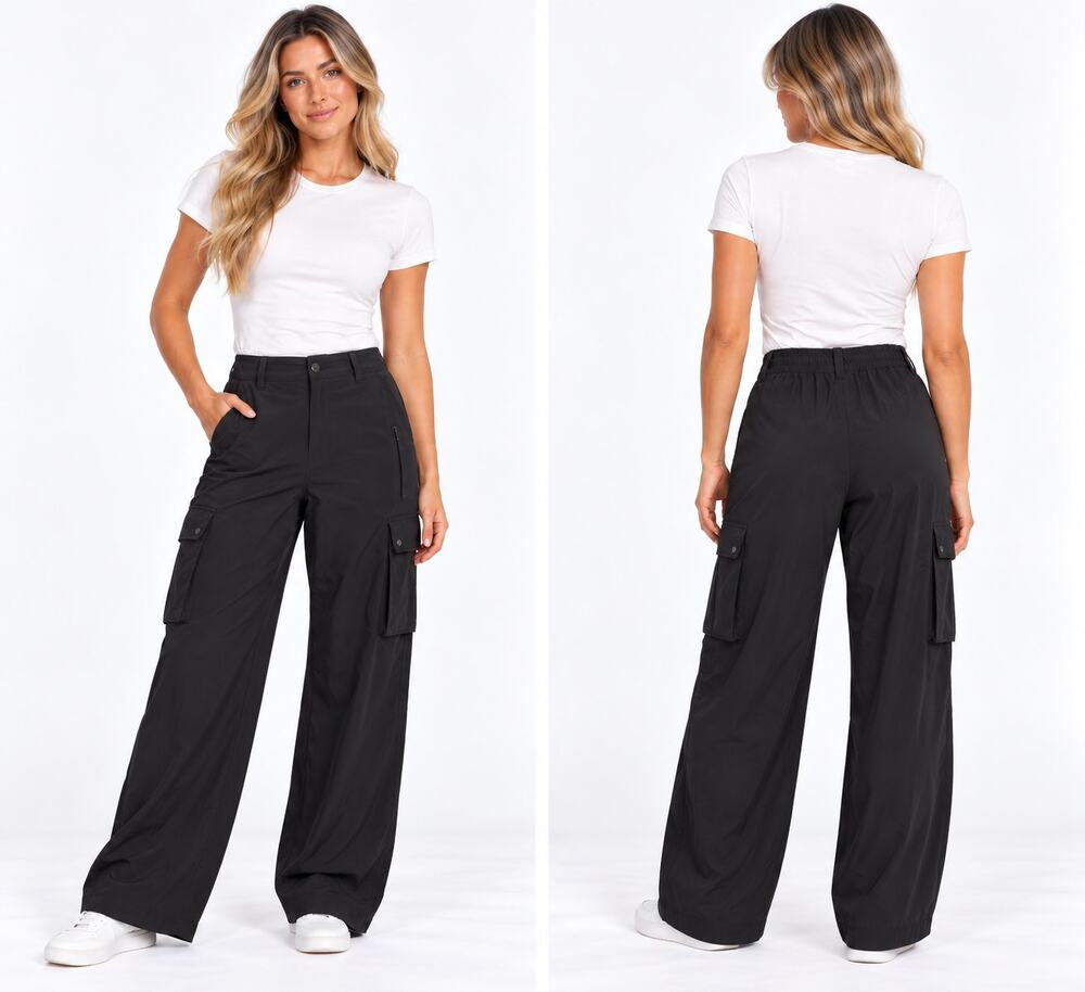 Athleta Chelsea Utility Wide Leg Cargo Pants 10 Black Featherweight Athleisure
